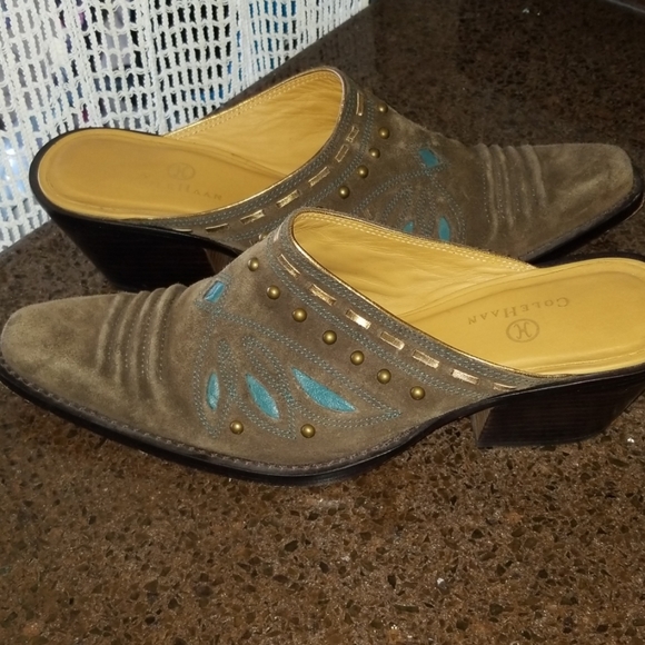 Cole Haan Olive Suede Mules w Brass Accents! - Picture 2 of 8